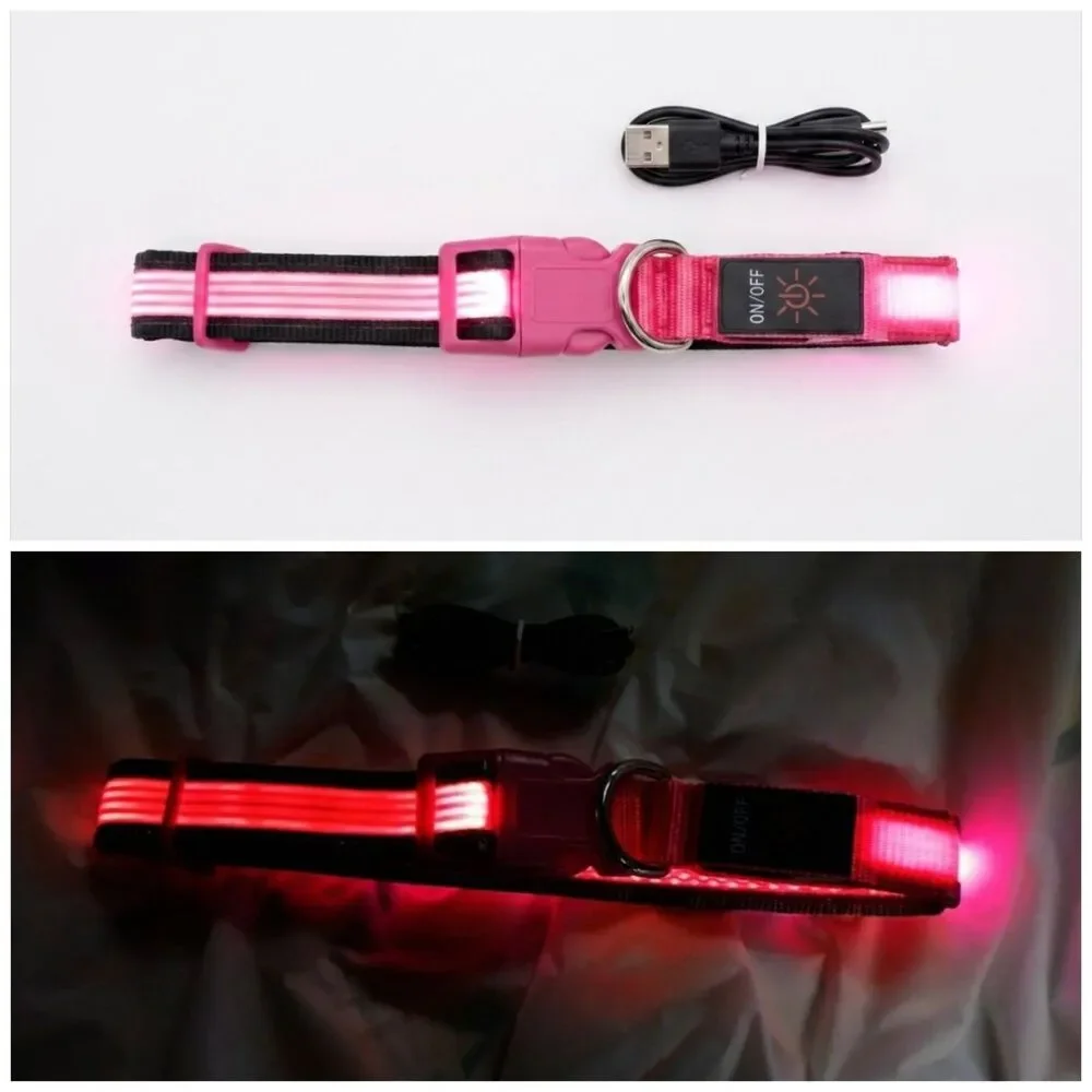 LED Lighted Safety Dog Collar Pink Size L USB Rechargeable Adjustable Nylon